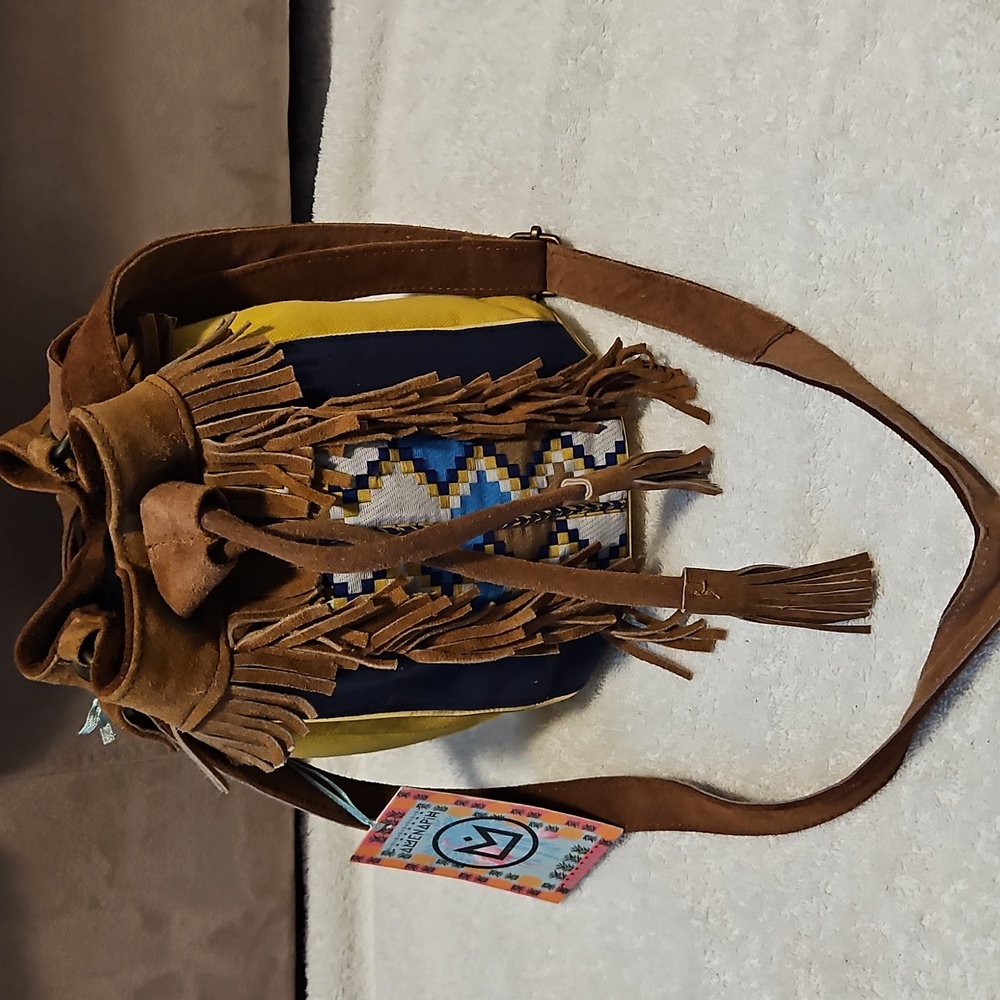 Amanapih Brown Suede Fringe Bucket Bag New